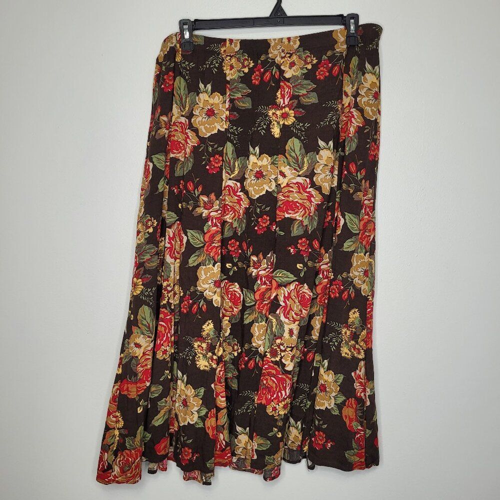 Vintage 90s White Stage brown tan floral cottage pull on plus size maxi skirt